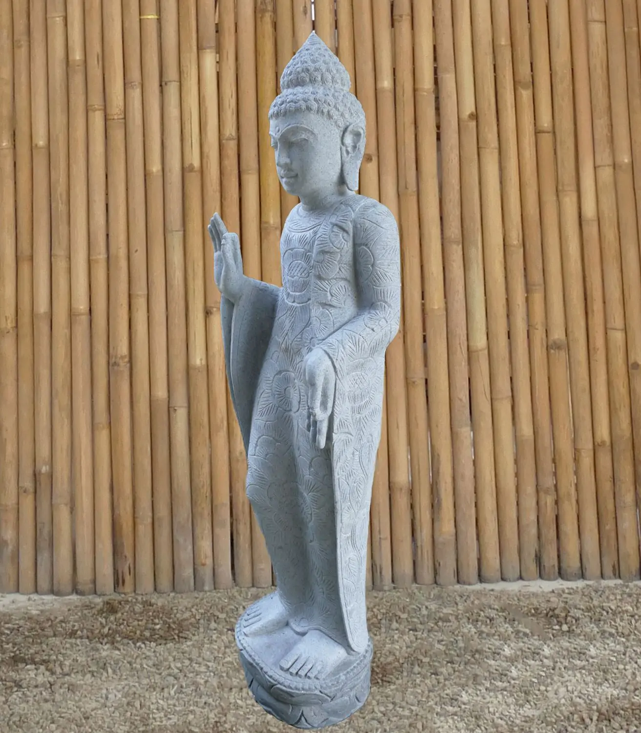  Product image 3 of the product “Standing Buddha with floral carving, Abudaya position. 38 x 30 x 150cm. Natural stone (river stone), stonemasonry ”